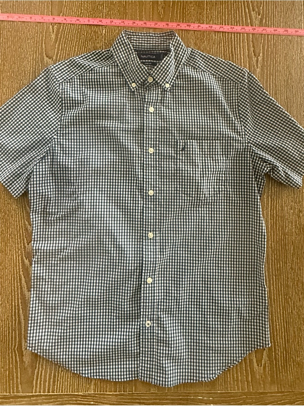 Nautica Men’s Short Sleeve Navy and White Gingham Button-Down Shirt